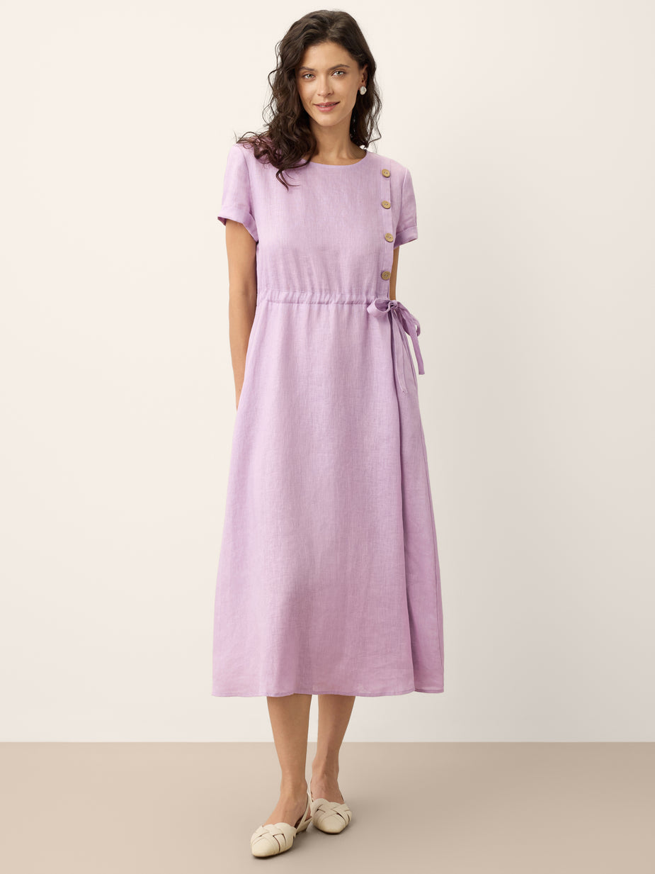 100% Linen Rolled Collar Asymmetric Button Midi Dress ELARAINE