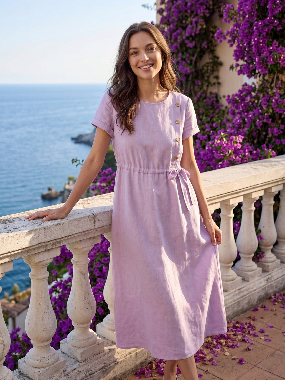 100% Linen Rolled Collar Asymmetric Button Midi Dress ELARAINE alternate view