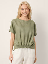 100% Linen Drop Shoulder Split-Back Double Shirred Hem Top LINDSEY by LINTICO for women