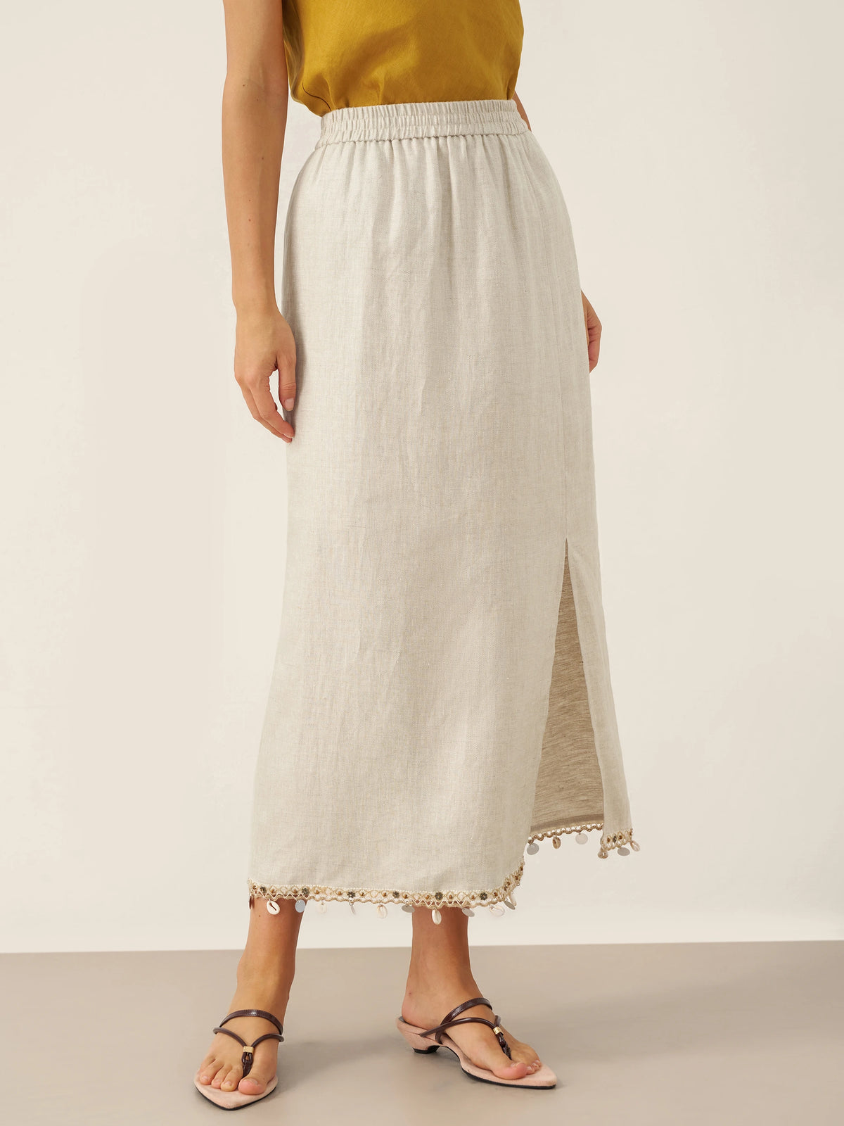 100% Linen Elastic Waist Beaded Skirt BIAN by LINTICO for women