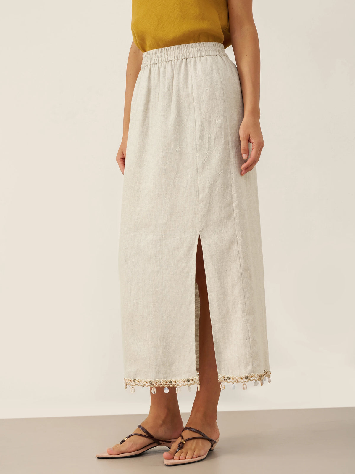 100% Linen Elastic Waist Beaded Skirt BIAN by LINTICO for women