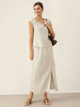 100% Linen Elastic Waist Beaded Skirt BIAN by LINTICO for women