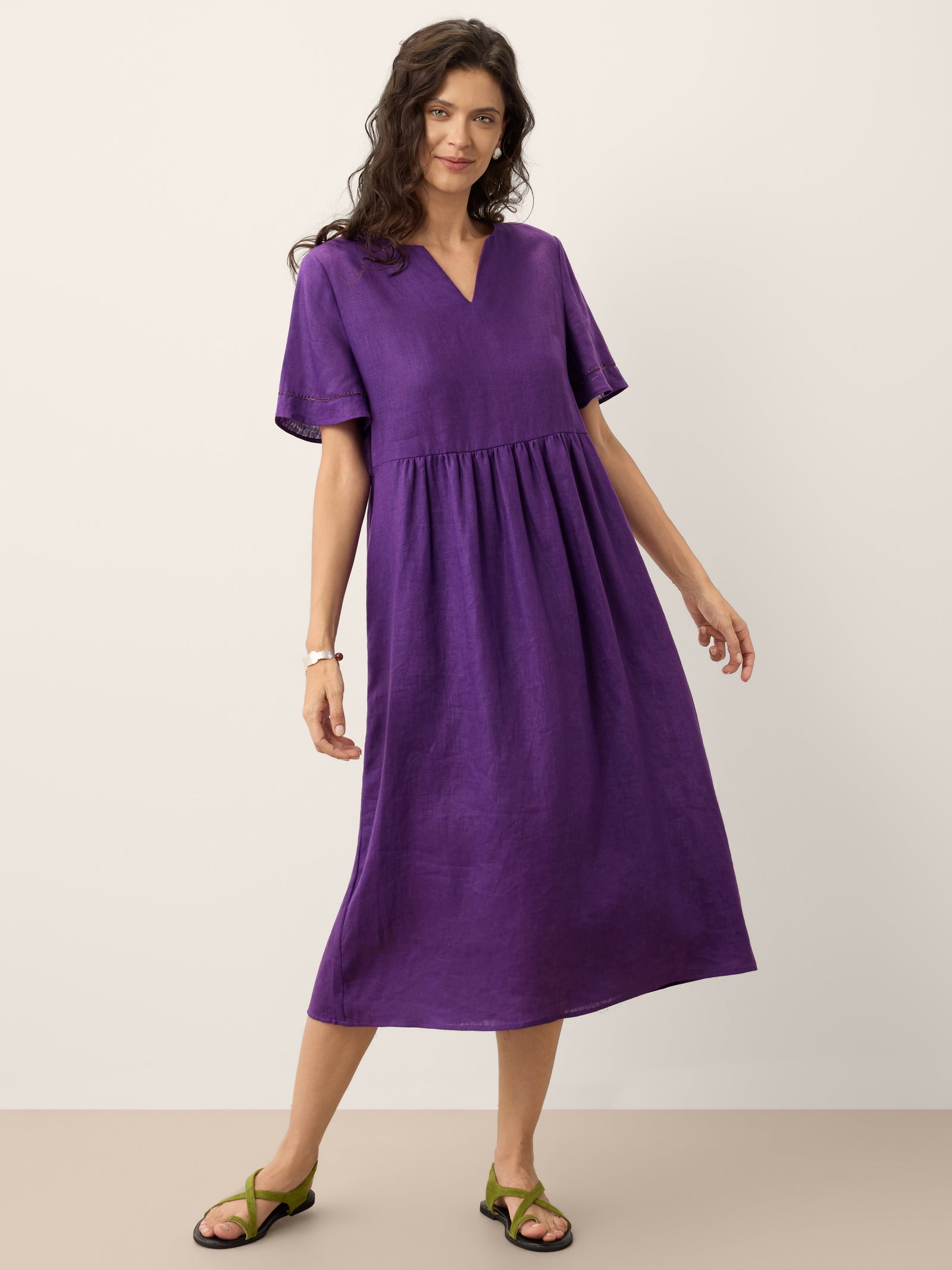 100% Linen Embroidered Cuff Split Neck Midi Dress OCTAVIA, Dark Purple / L