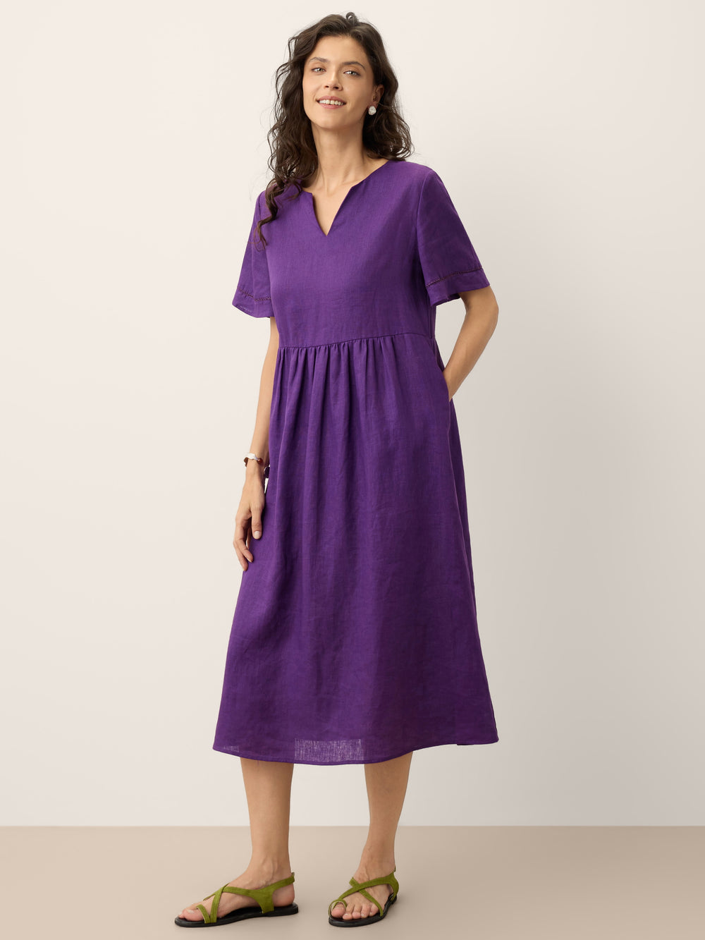 100% Linen Embroidered Cuff Split Neck Midi Dress OCTAVIA