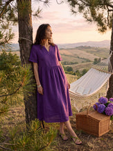 100% Linen Embroidered Cuff Split Neck Midi Dress OCTAVIA by LINTICO for women