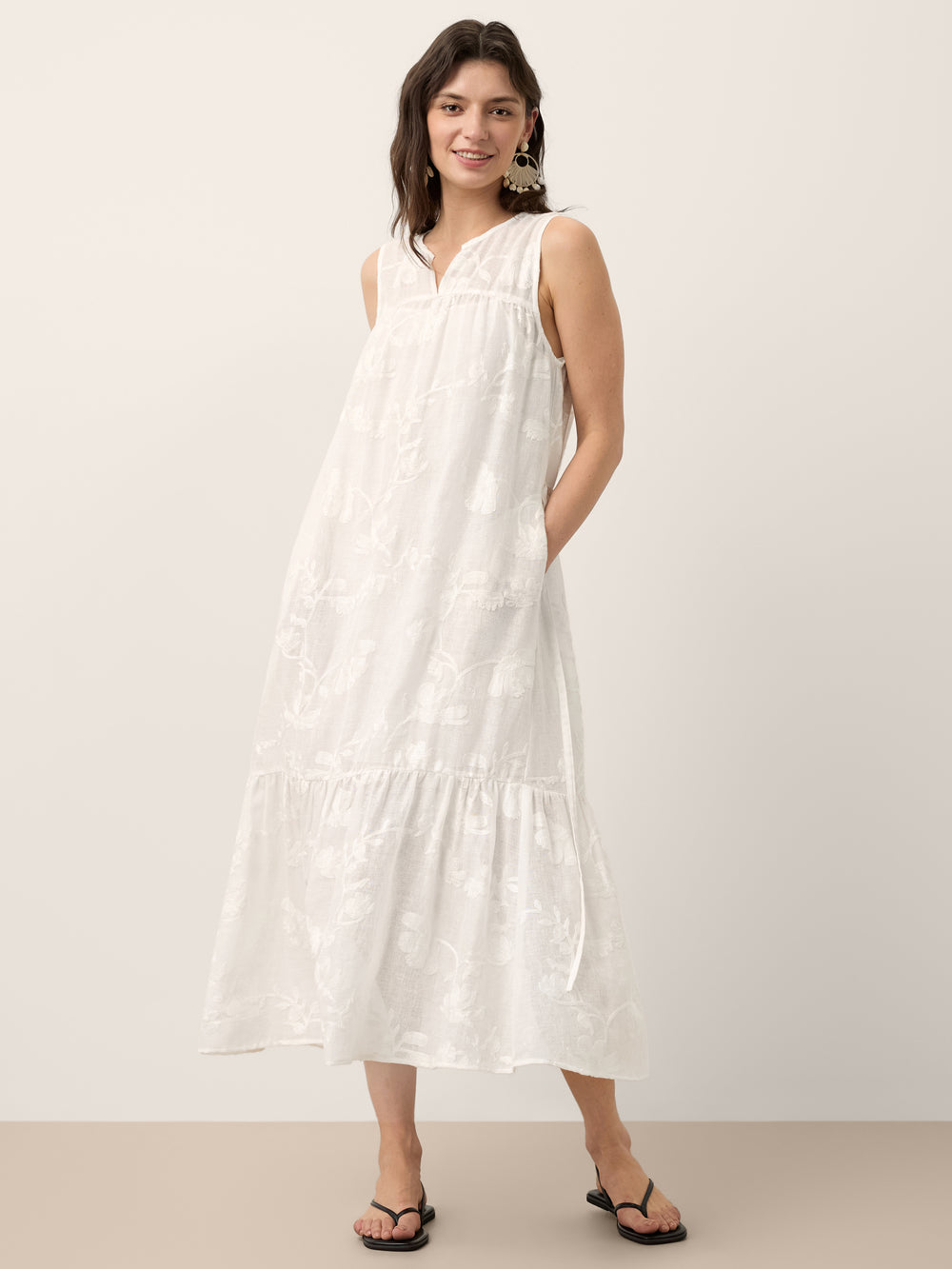 100% Linen Floral Applique Tie-Back Maxi Dress Set with Slip GENEVRA