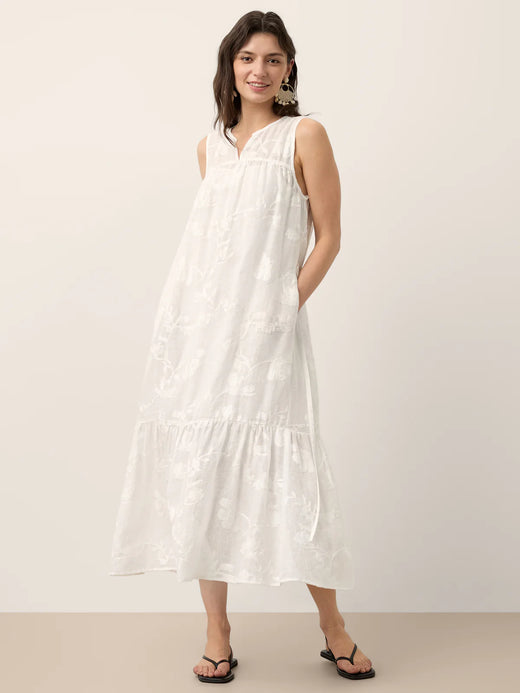 100% Linen Floral Applique Tie-Back Maxi Dress Set with Slip GENEVRA