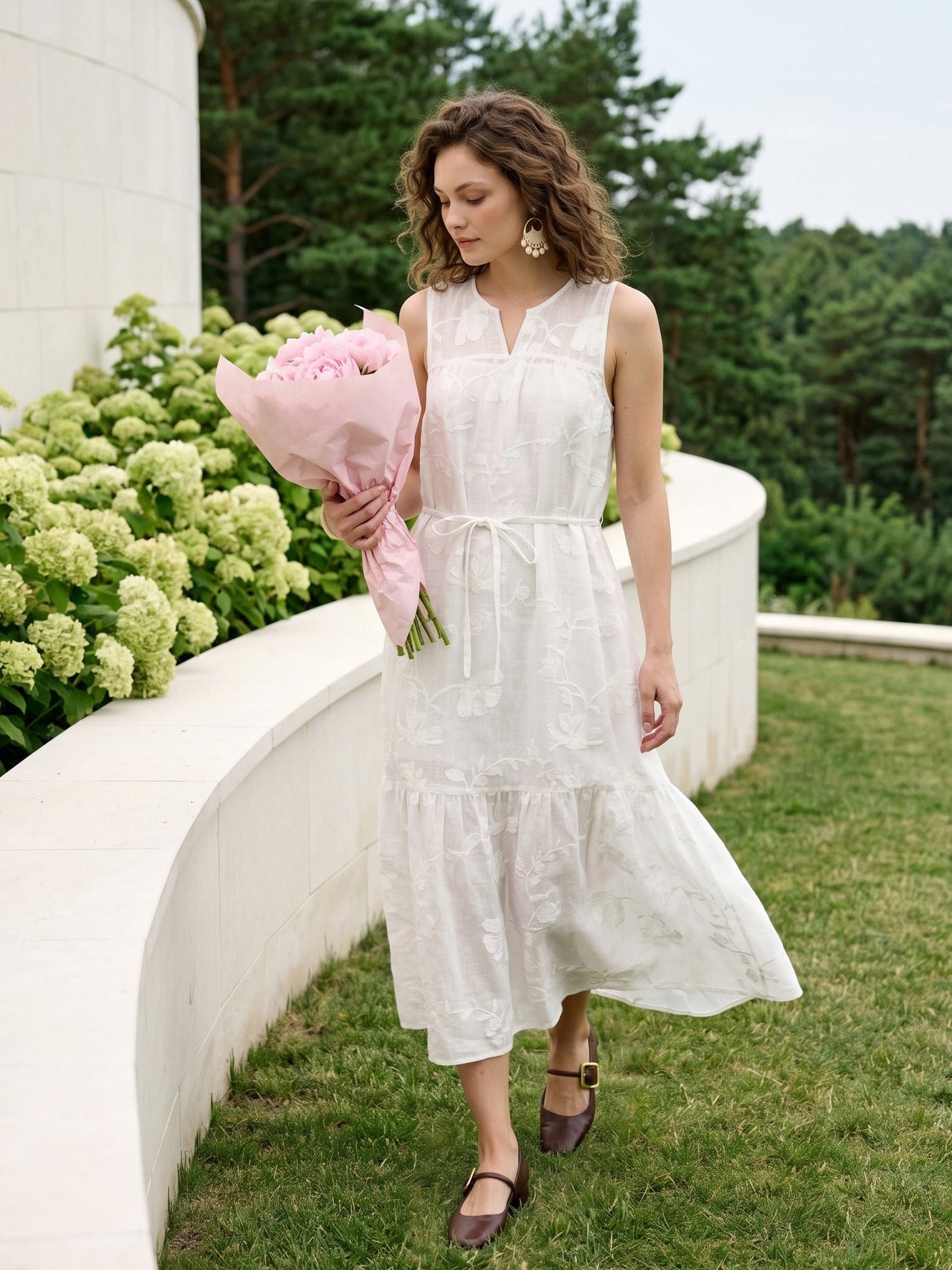100% Linen Floral Applique Tie-Back Maxi Dress Set with Slip GENEVRA by LINTICO for women