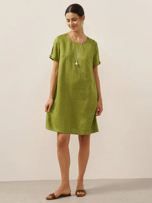 100% Linen Buttoned Cutout Sleeve Mini Dress LIA