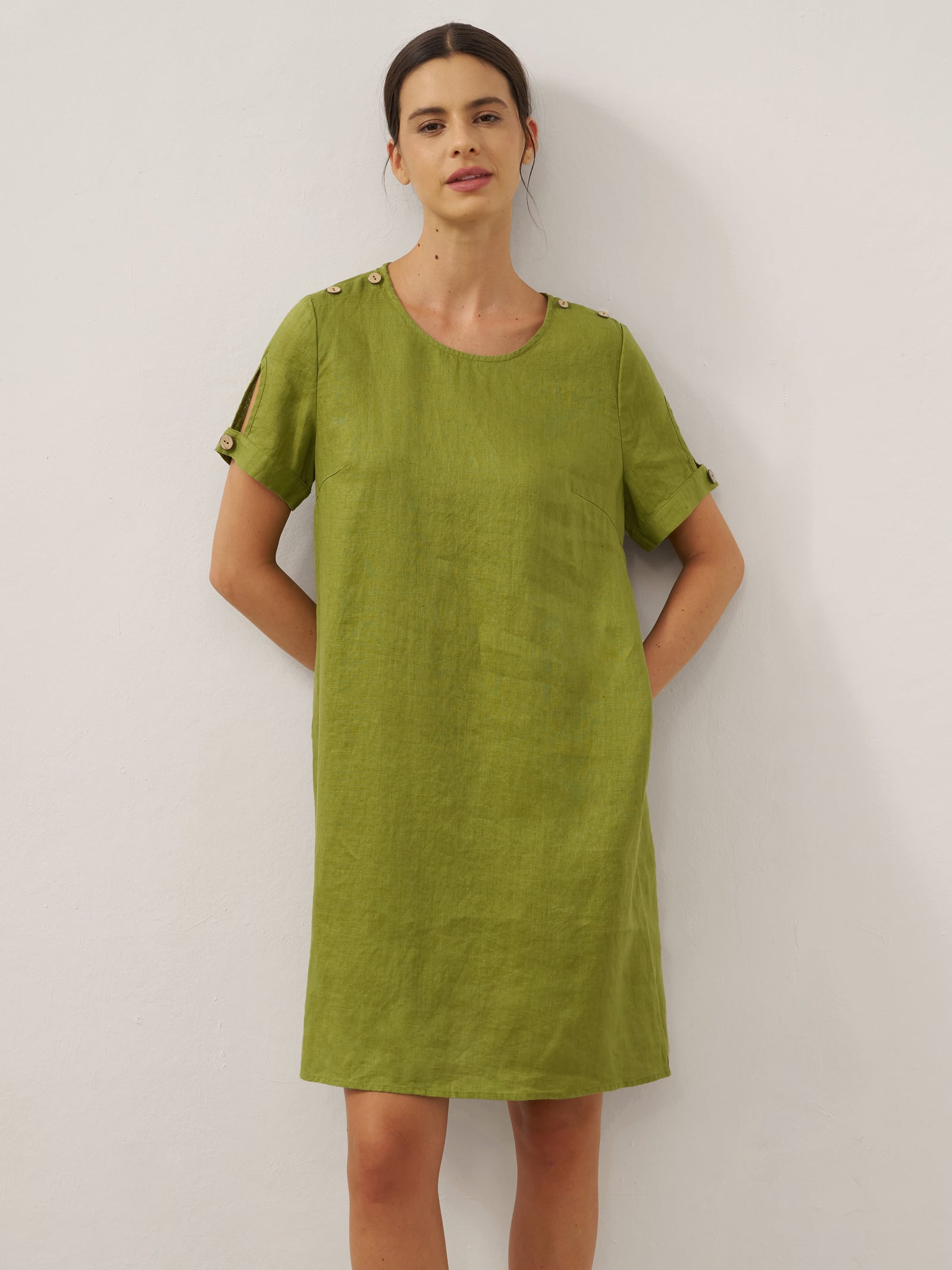 100% Linen Eyelet Short Sleeve Mini Dress LIA by LINTICO for women
