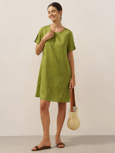 100% Linen Eyelet Short Sleeve Mini Dress LIA by LINTICO for women