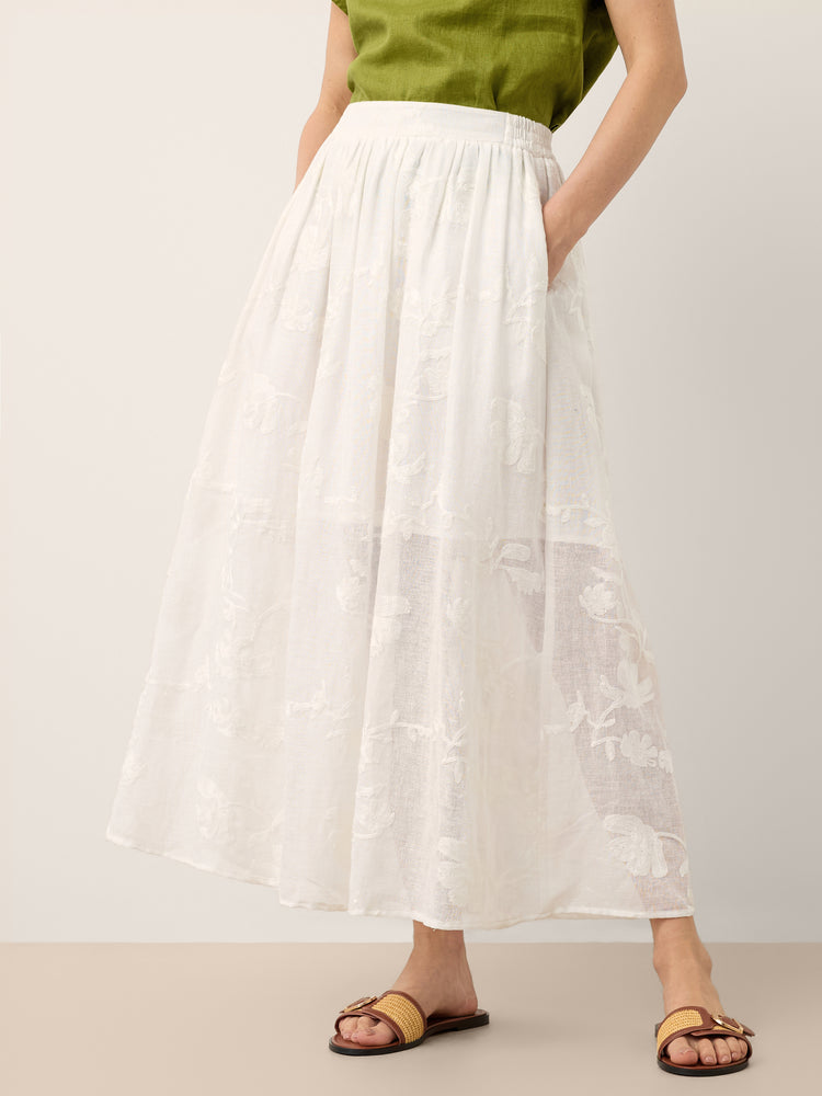 100% Linen Floral Embroidered Elastic Waist Maxi Skirt FREYAH by LINTICO