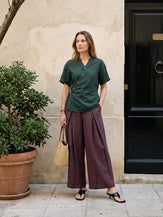 100% Linen Yarn Dyed Pleated Elastic Waist Wide Leg Culottes PALOMA by LINTICO for women