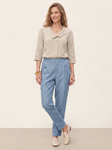 Blue 100% Linen Front Pleat Tapered Ankle Pants VIVICA by LINTICO