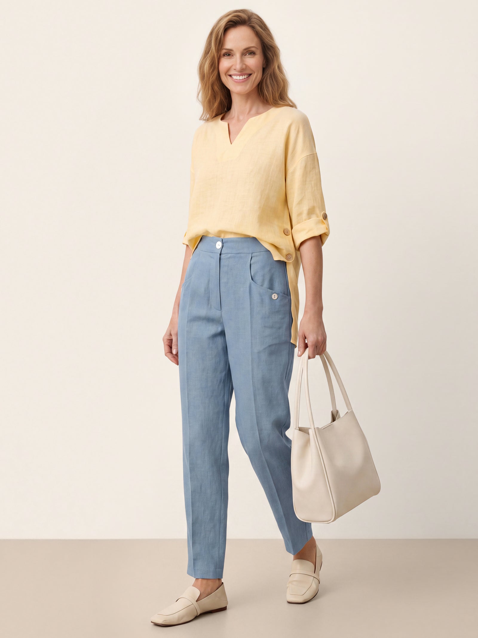 Blue 100% Linen Front Pleat Tapered Ankle Pants VIVICA by LINTICO