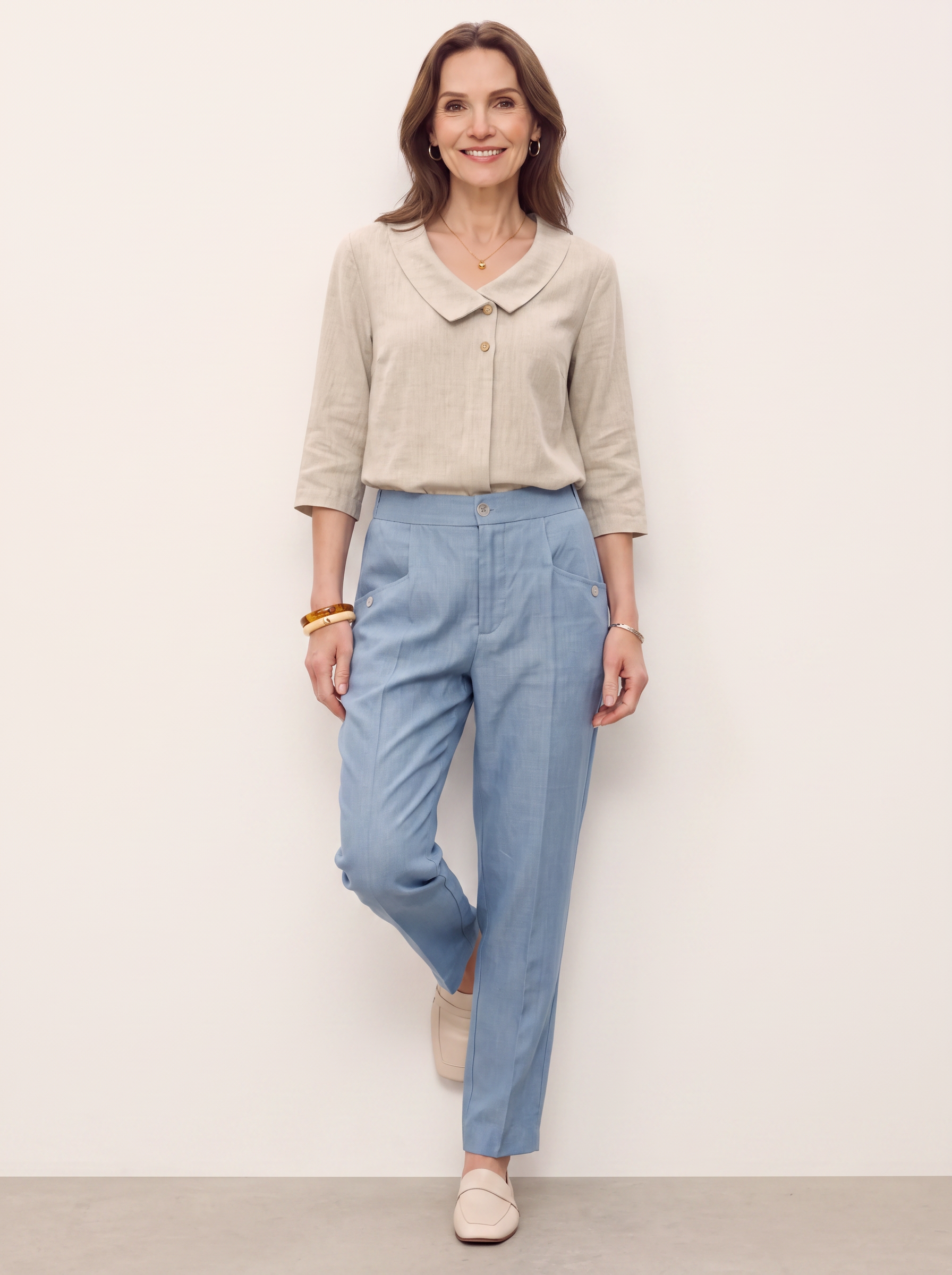 100% Linen Front Pleat Tapered Ankle Pants VIVICA by LINTICO