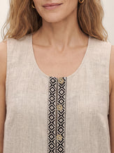 100% Linen Geometric Trim Fringe Hem Long Vest ROSALIE by LINTICO
