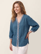 Blue 100% Linen Geometric Trim V Neck Shirt SORAYA by LINTICO