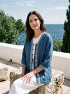 100% Linen Geometric Trim V Neck Shirt SORAYA by LINTICO