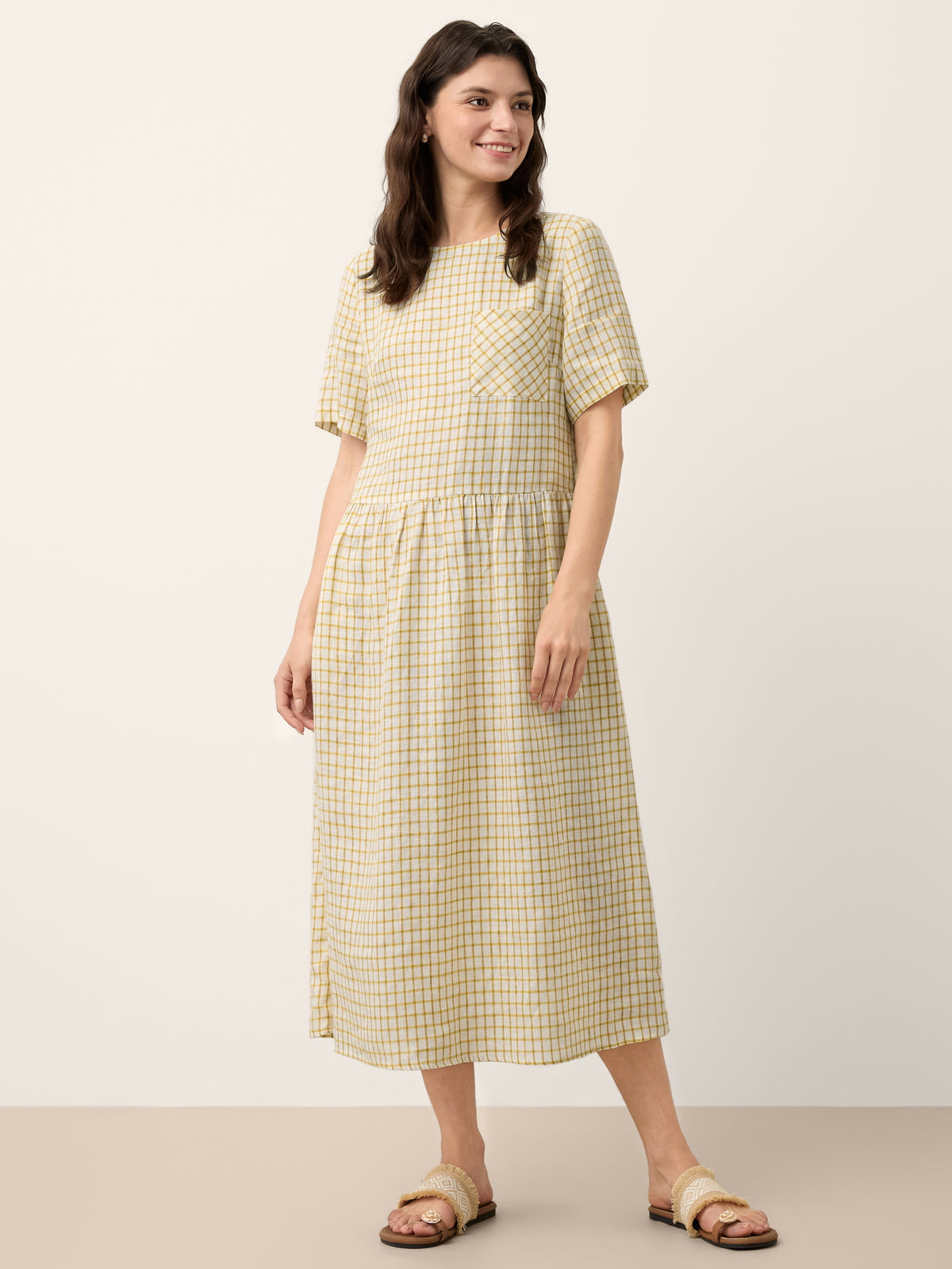 linen gingham dress 100% Back Button Midi ELISABETH, Sunlit Plaid / M kitchen drawers which is pre Elegant Mint Green V-Neck Size:11-12Y