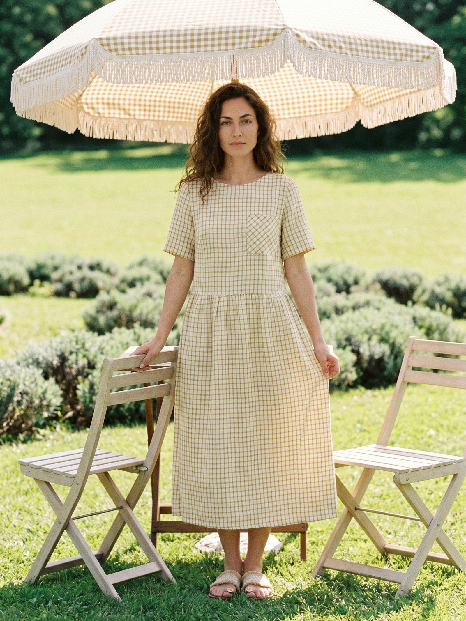 100% Linen Gingham Back Button Midi Dress ELISABETH by LINTICO