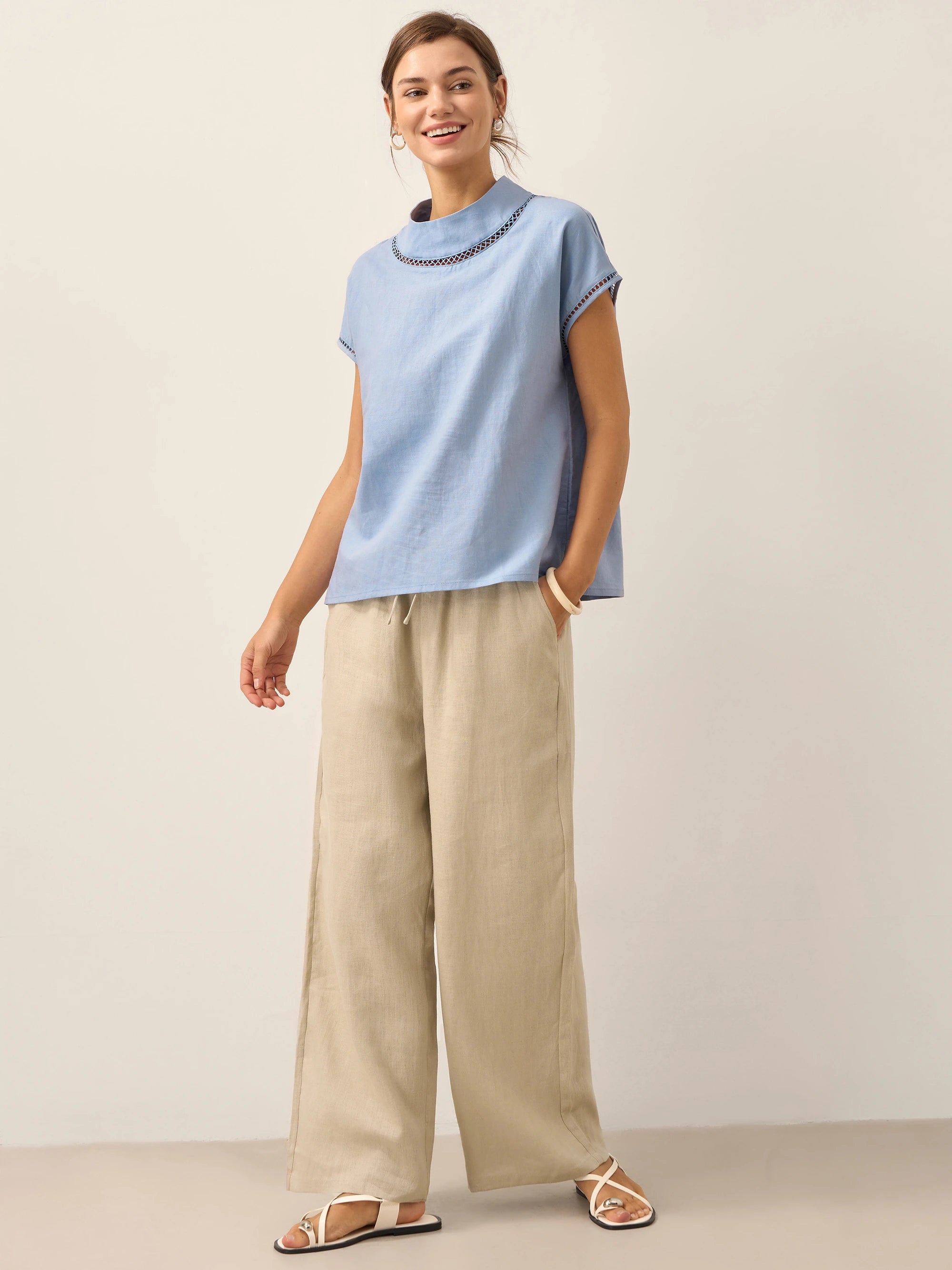 Linen Cutout Turtleneck Top