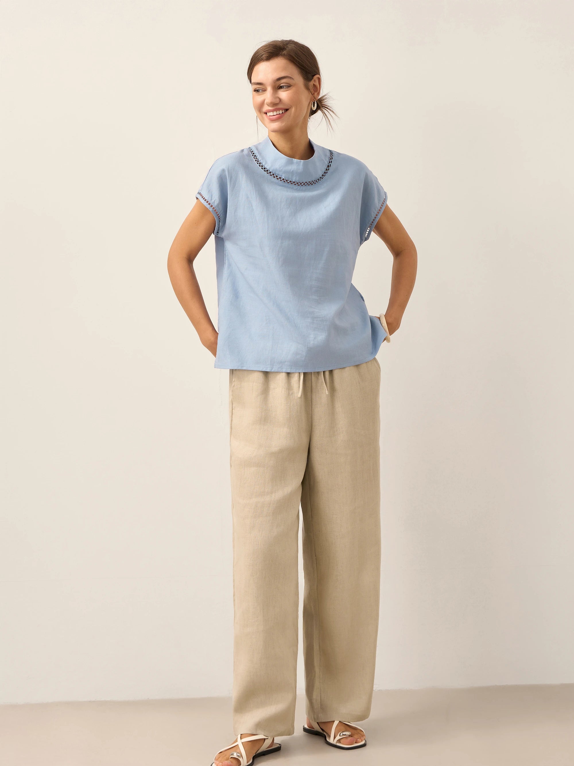 Linen Cutout Turtleneck Top
