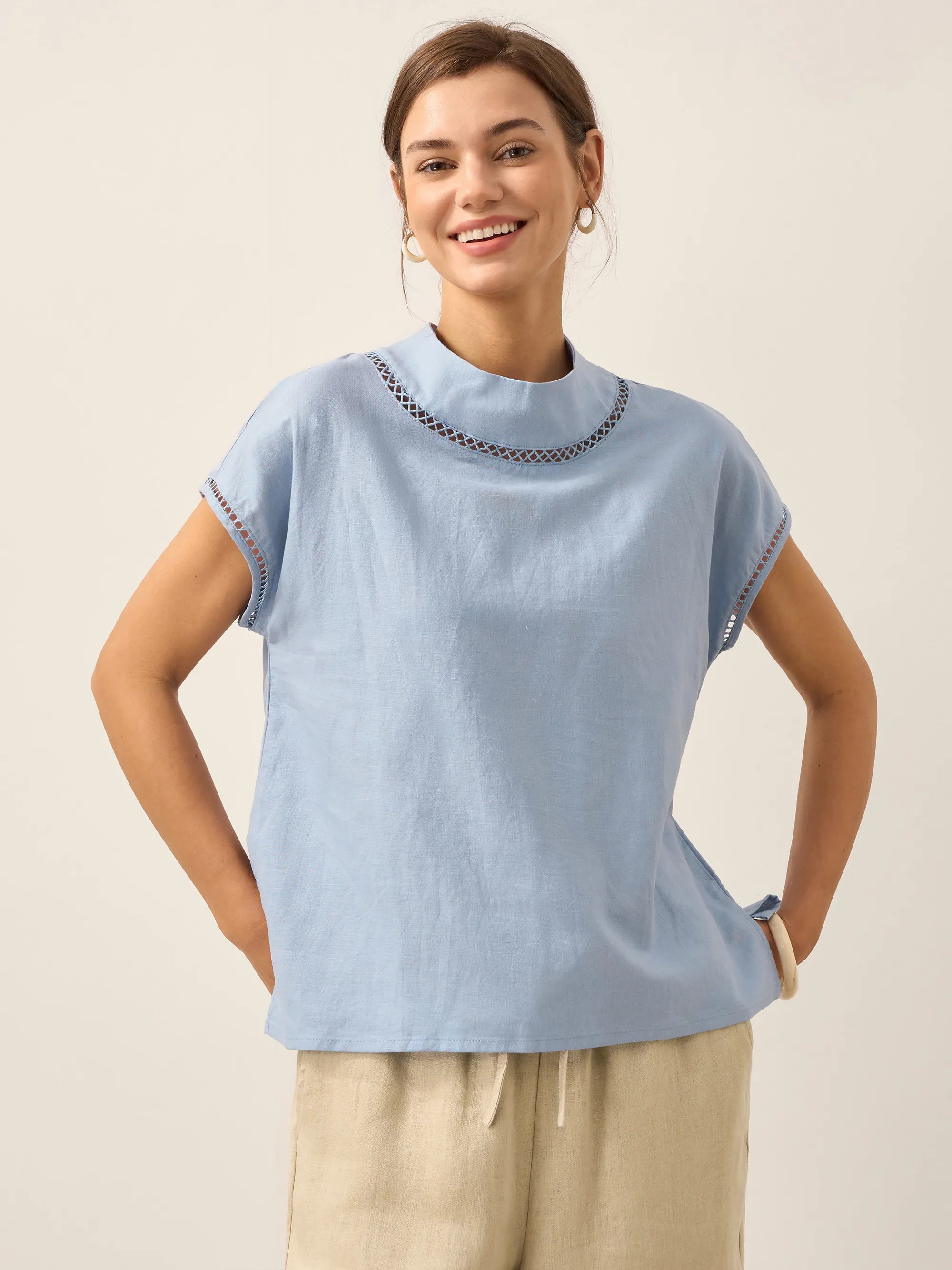 Linen Cutout Turtleneck Top