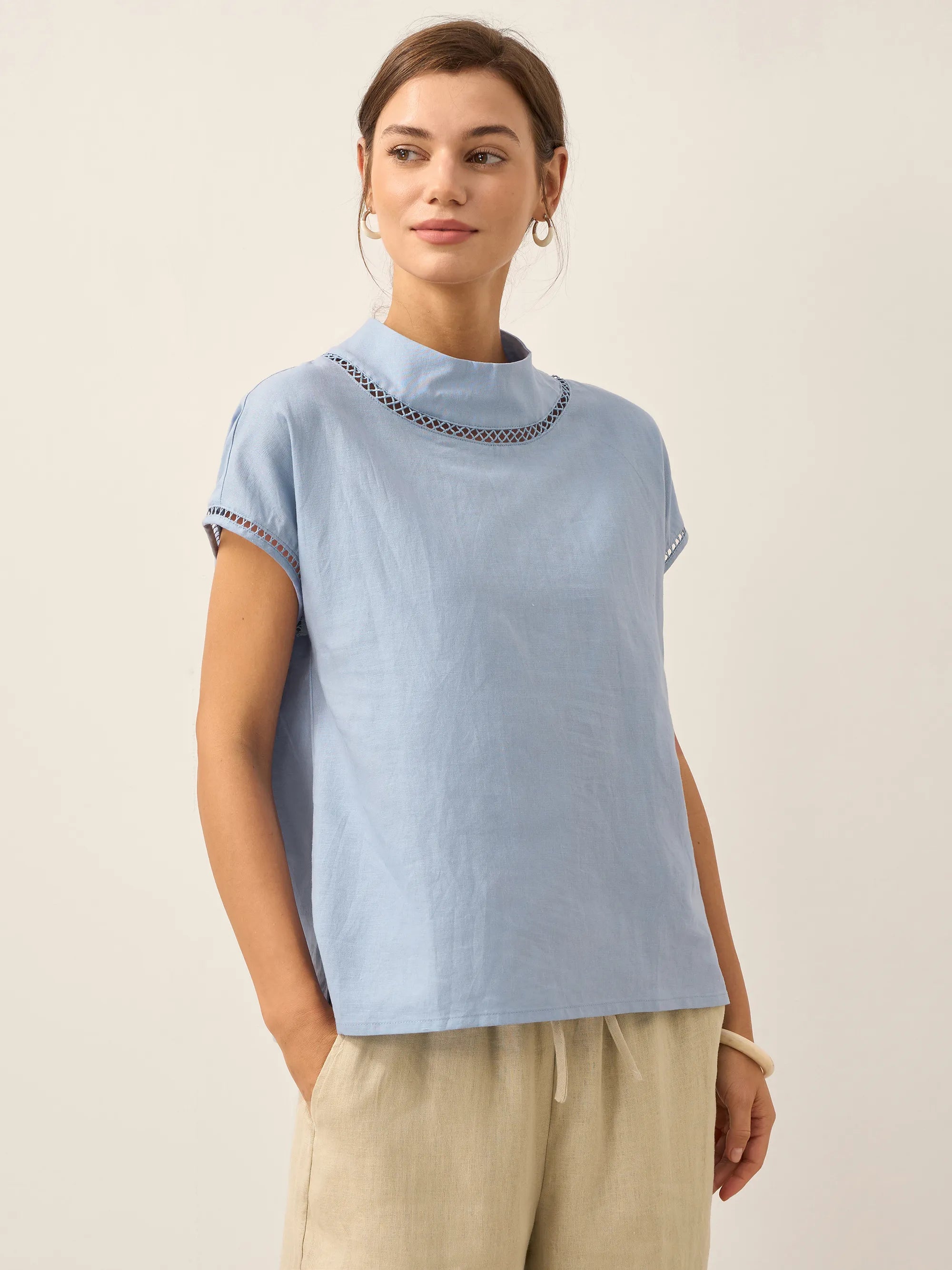 Linen Cutout Turtleneck Top