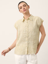 100% Linen Gingham Ruffle Sleeve Shirt CYBELLE by LINTICO