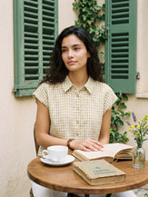 100% Linen Gingham Ruffle Sleeve Shirt CYBELLE by LINTICO