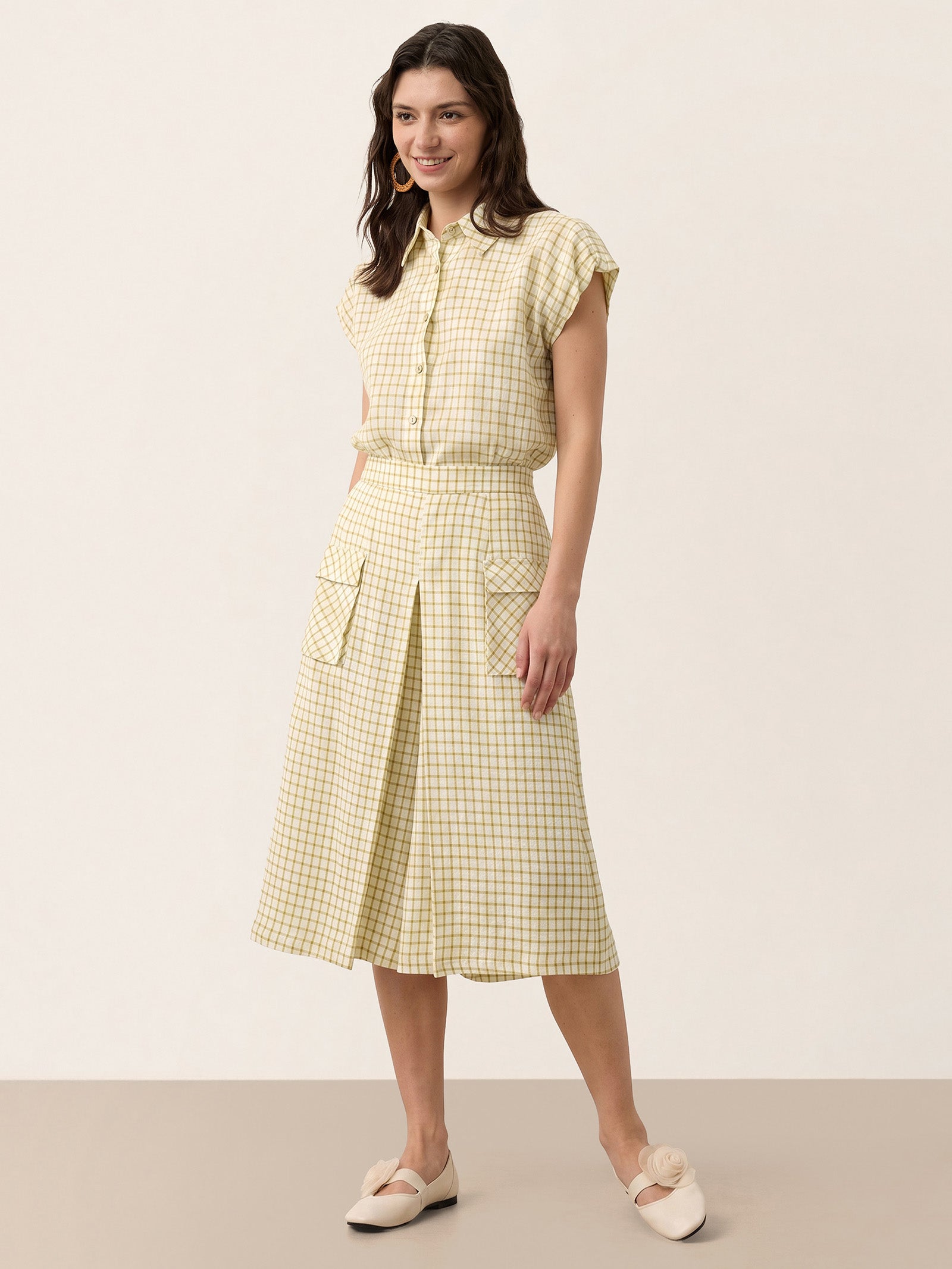 100% Linen Gingham Split Front Culotte Pants DAVINA by LINTICO