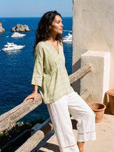 100% Linen Gingham V-Neck High-Low Overtop ALTHEIA by LINTICO for women