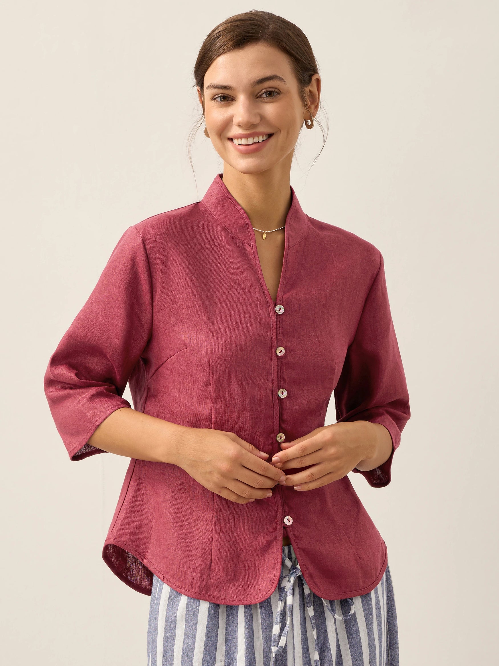 100% Linen Stand-Collar Half-Sleeve Fitted Jacket AMELIA by LINTICO for women