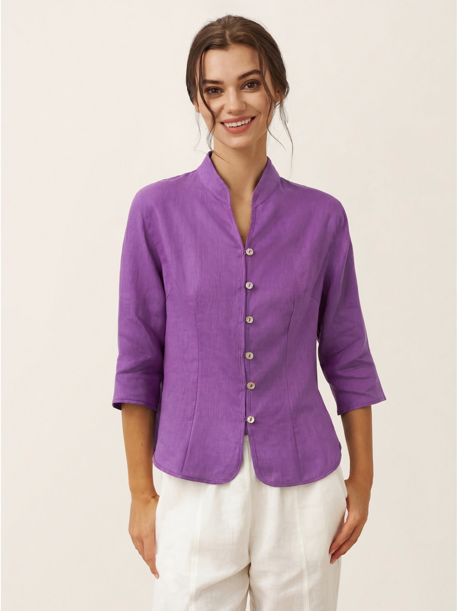 100% Linen Stand-Collar Half-Sleeve Fitted Jacket AMELIA by LINTICO for women