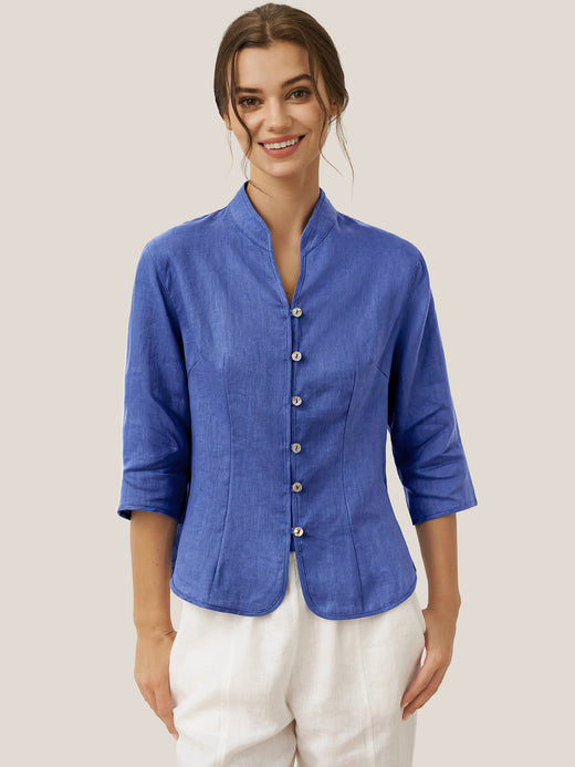 100% Linen Stand-Collar Half-Sleeve Fitted Jacket AMELIA