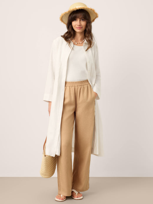 Robe Chemise Midi SYLVIA en Lin Brodé avec Plis Religieuse