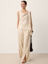 100% Linen Lace-Panel Split-Hem Pants BRONTE by LINTICO for women