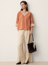 100% Linen Lace-Panel Split-Hem Pants BRONTE by LINTICO for women