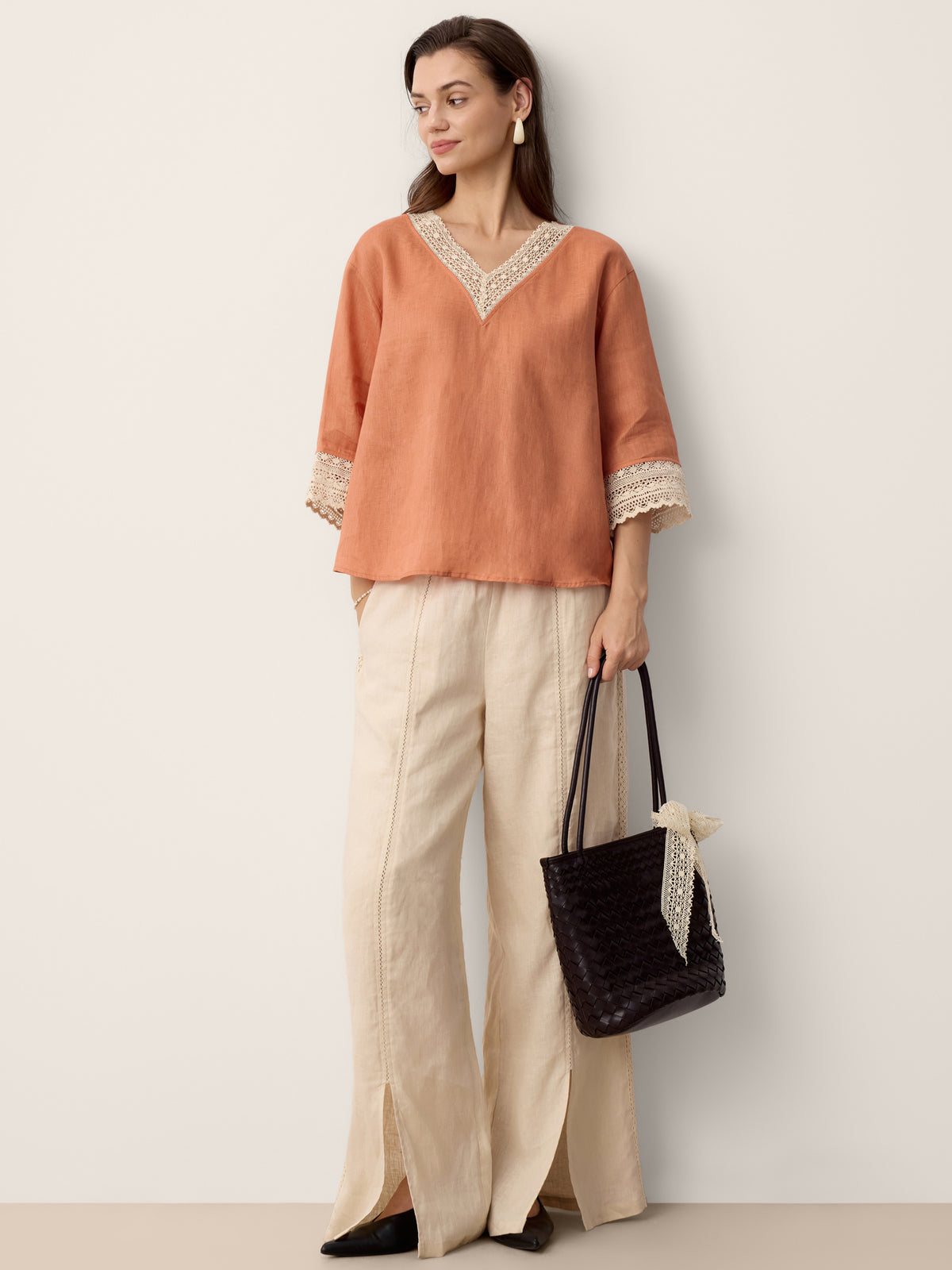100% Linen Lace-Panel Split-Hem Pants BRONTE by LINTICO for women