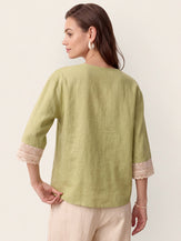 100% Linen Lace-Trim V-Neck Top KEELY by LINTICO for women