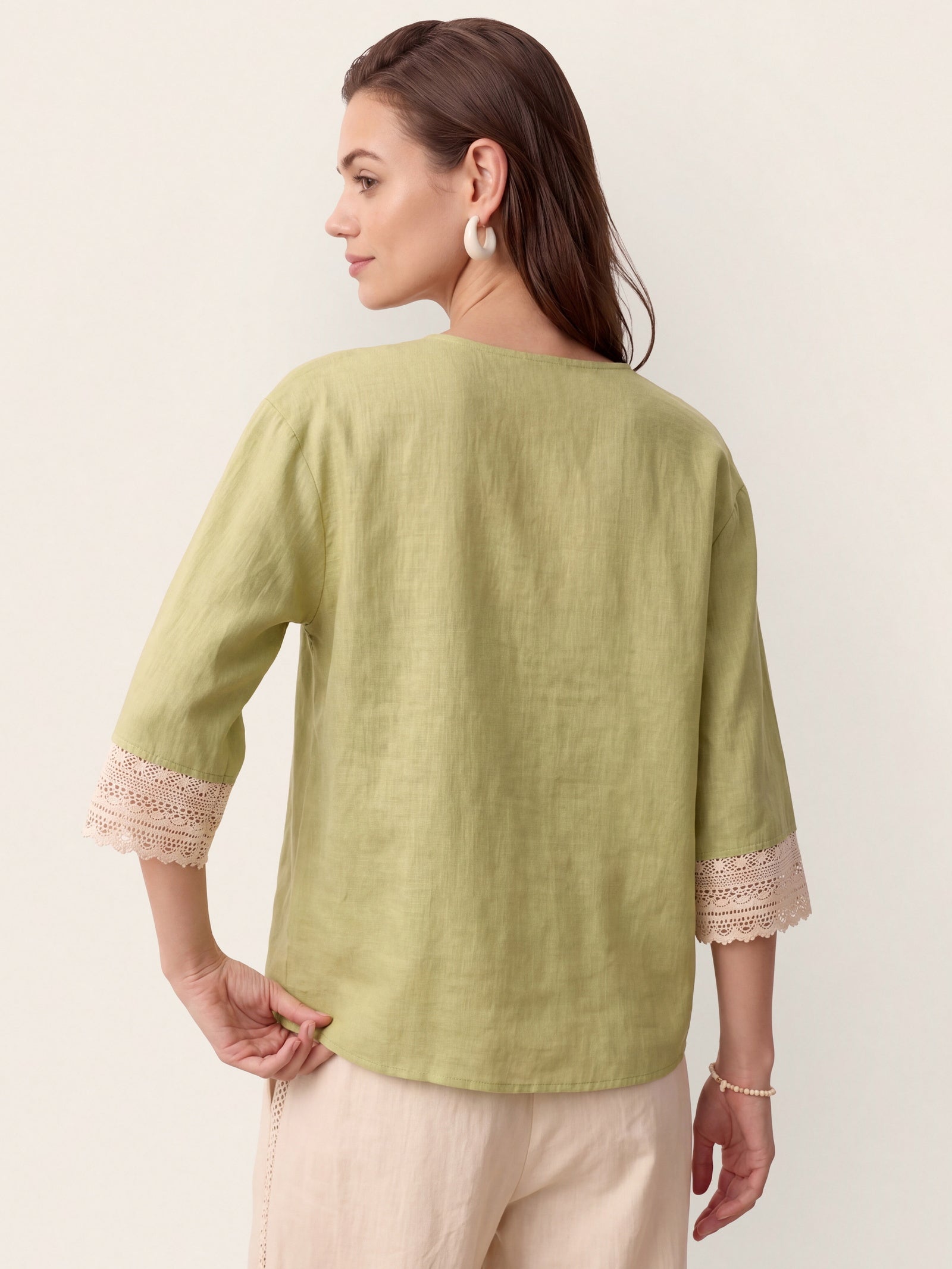 100% Linen Lace-Trim V-Neck Top KEELY by LINTICO for women