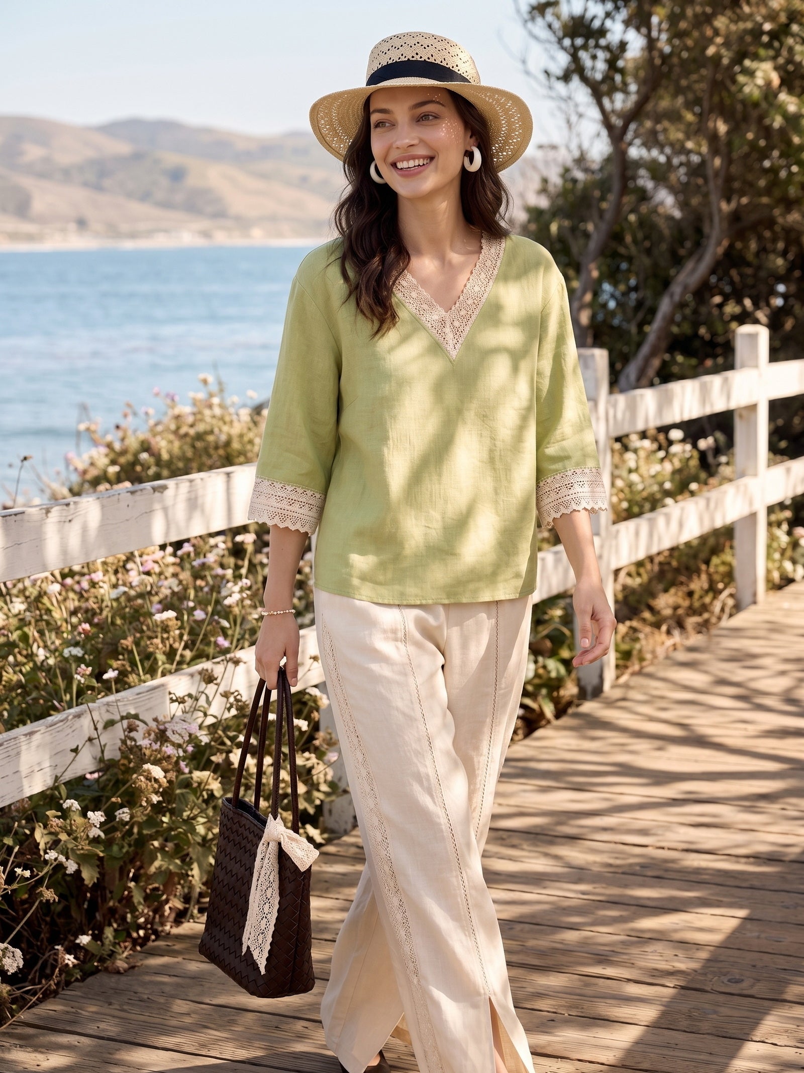 100% Linen Lace-Trim V-Neck Top KEELY by LINTICO for women