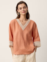 100% Linen Lace-Trim V-Neck Top KEELY by LINTICO for women