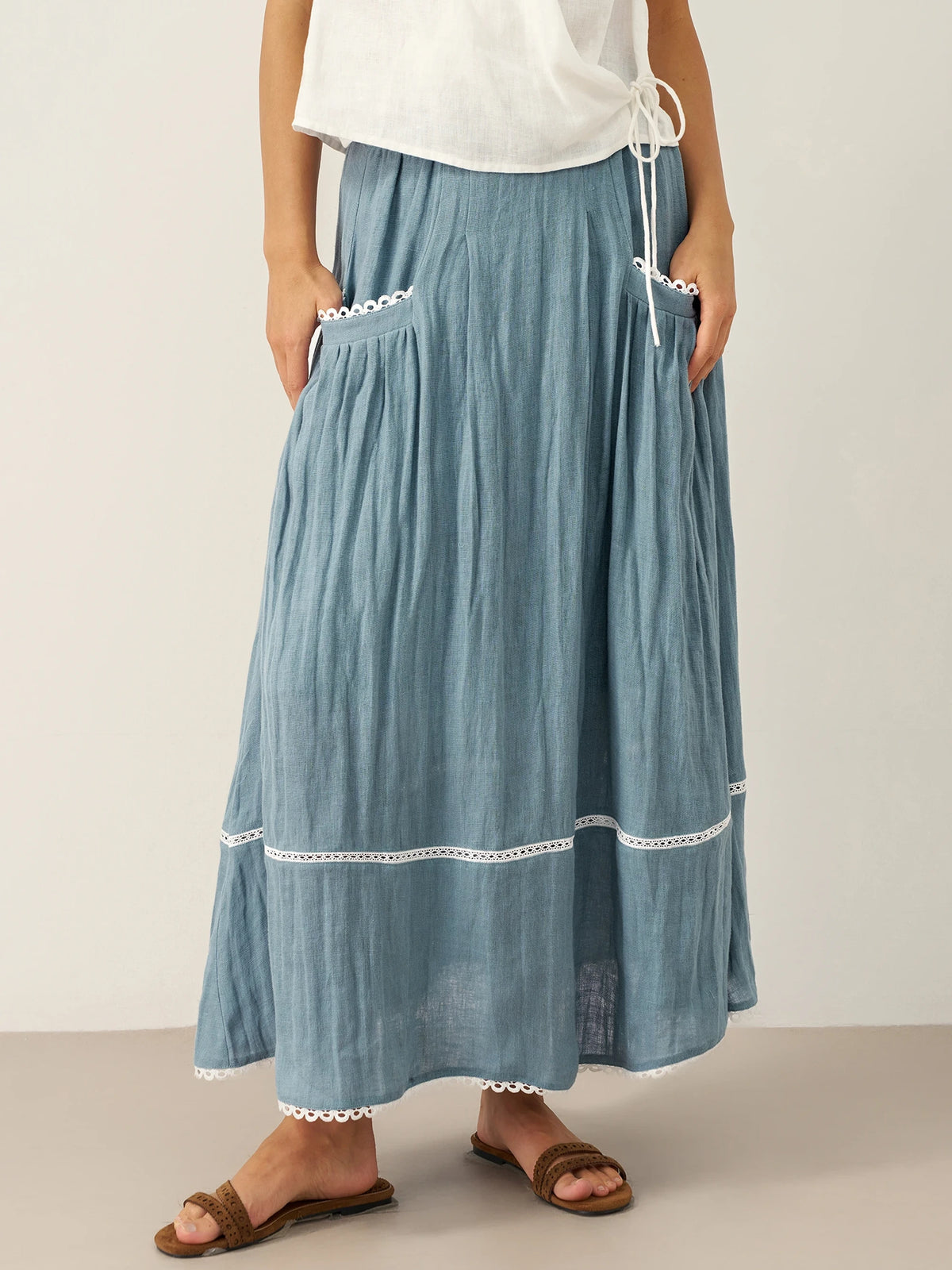 100% Linen Lace Up Pocket Skirt FENLA