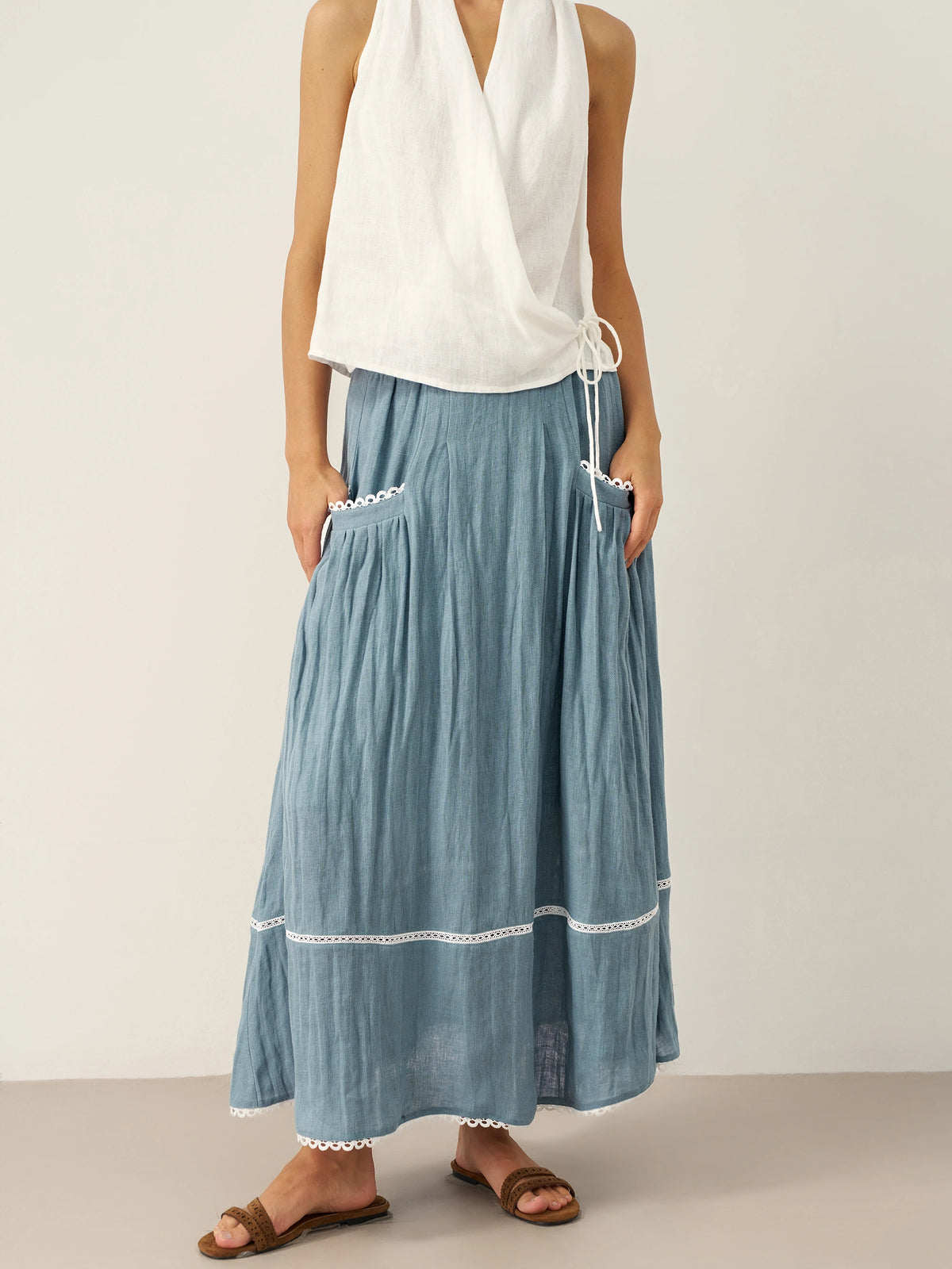 100% Linen Lace-Up Pocket Skirt FENLA by LINTICO for women