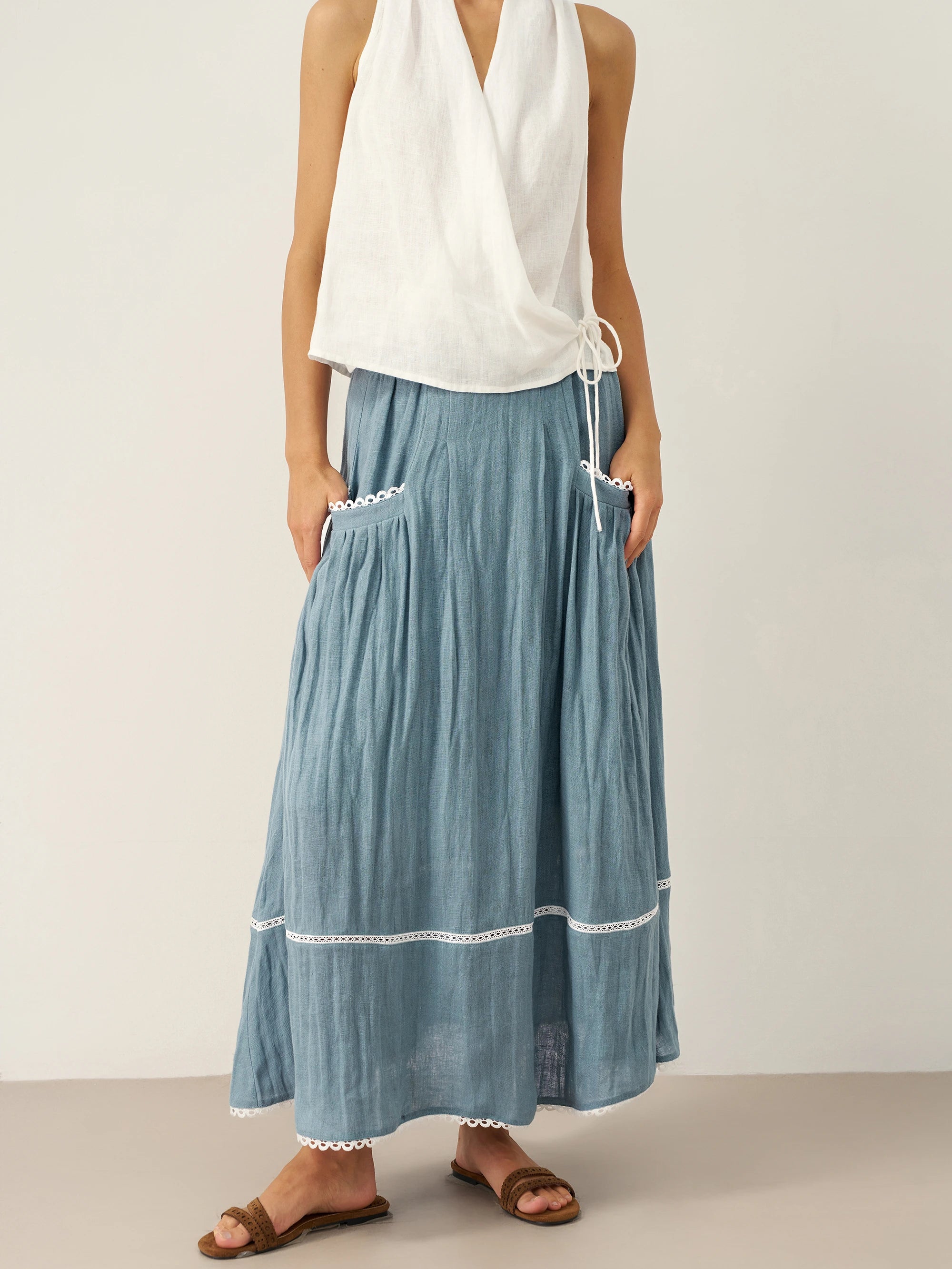 100% Linen Lace-Up Pocket Skirt FENLA – LINTICO