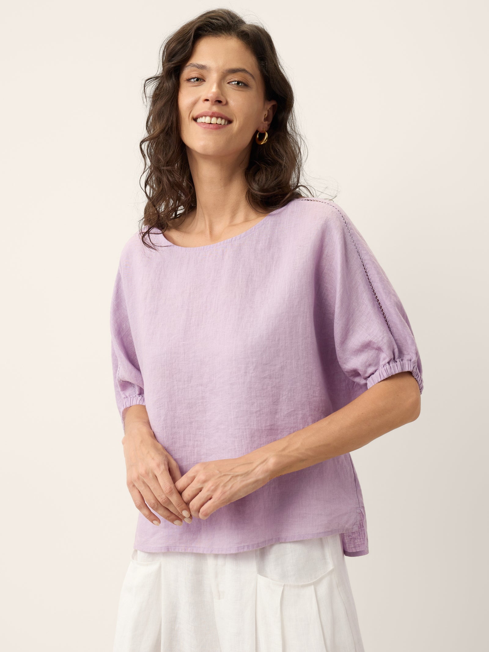 100% Linen Lace Inset Sculpted Cuff Top QUILLA by LINTICO for women