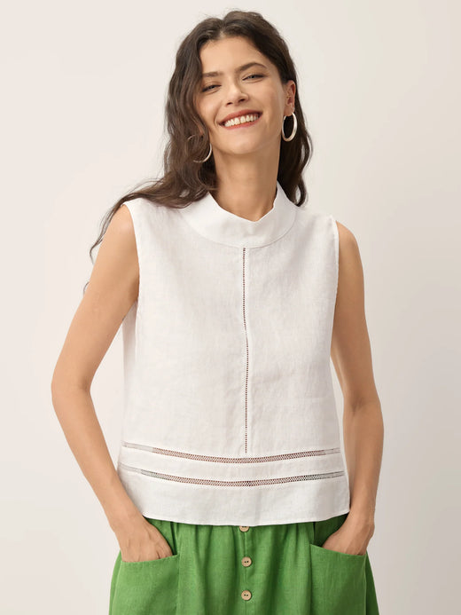 100% Linen Lace Inset Stand Collar Sleeveless Top ULANI