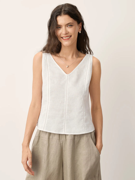 100% Linen Lace Inset V-Neck Tank Top WINSLET
